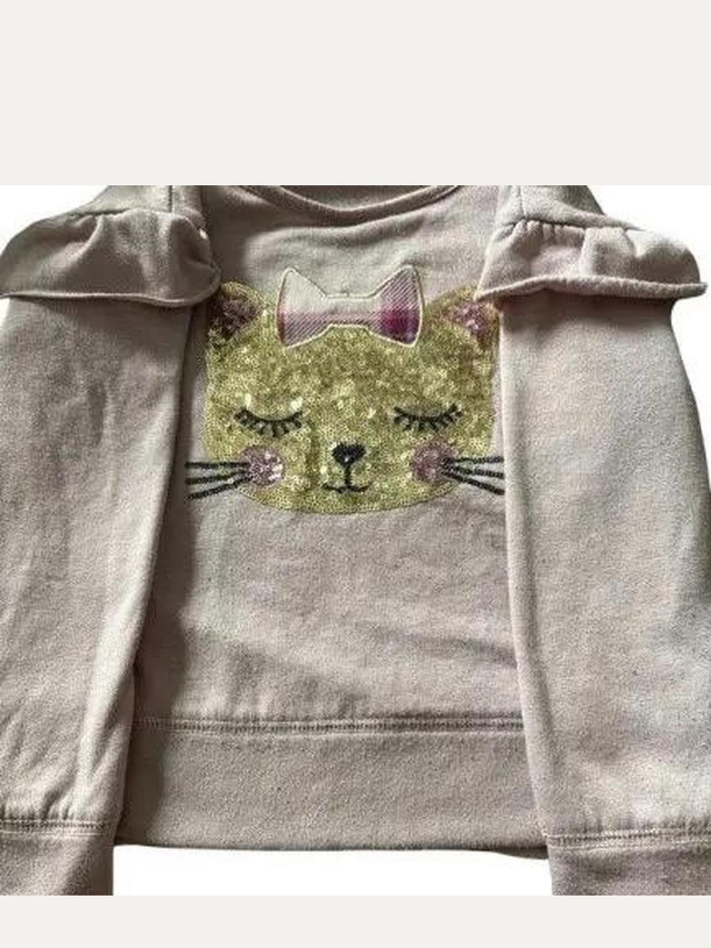 Girls' Light Pink Sequin Cat Sweatshirt with Bow Detail